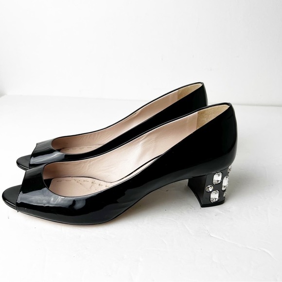 SZ 39 Miu Miu Black Patent Leather Crystal Embellished Block Heel Peep Toe Pumps - Picture 6 of 7